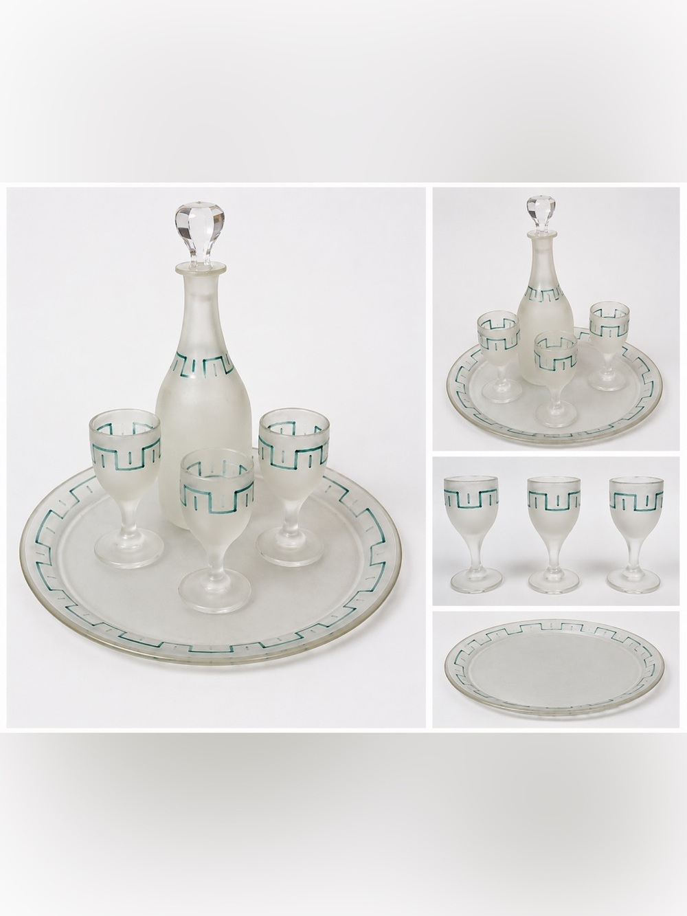 Vintage Frosted Glass Decanter Set Greek Key Tray & 3 Cordial Glasses MCM
